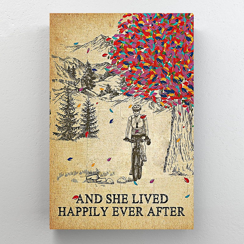 «Man Cycling With A Mountain View - And She Lived Happily Ever After», reproduction d'art graphique sur toile tendue 1 pièce
