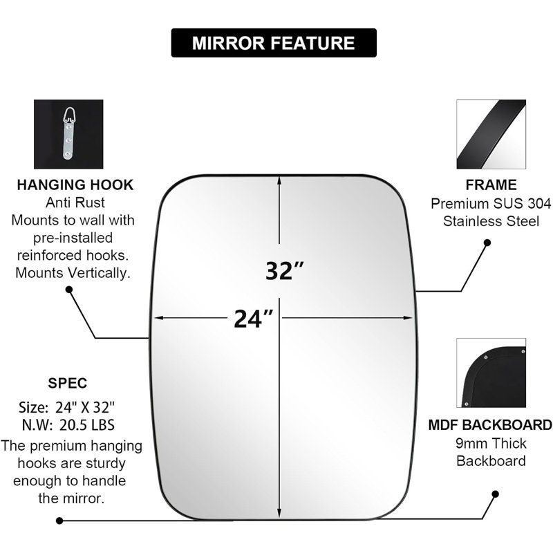 Miroir de salle de bain ovale moderne | Cadre en acier inoxydable, Noir mat, 32 po x 24 po