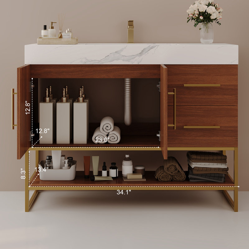 Meuble-lavabo moderne 36 po avec lavabo en céramique sans couture et armoire autoportante dorée