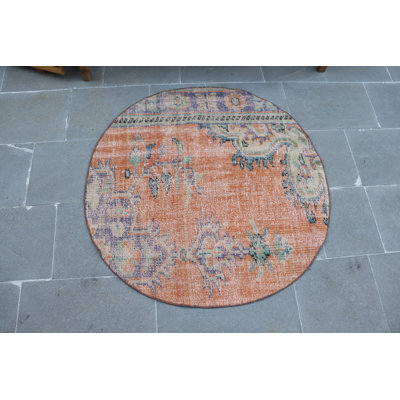 Handmade Vintage Turkish Oushak Rug - Small Round Oriental Wool Rug with Antique Design