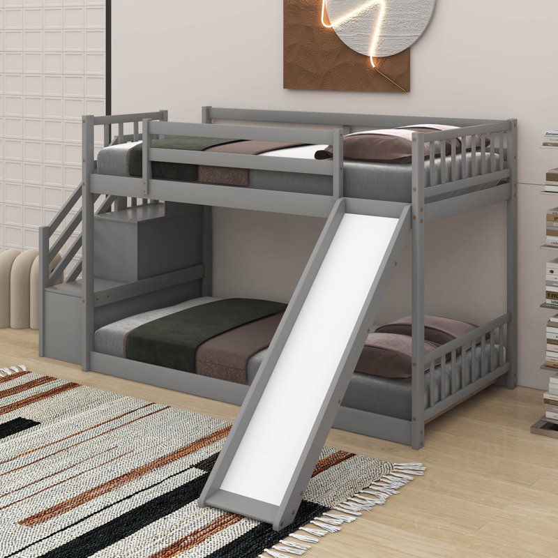 Twin Over Twin Bunk Bed With Convertible Slide And Stairway, Gray
