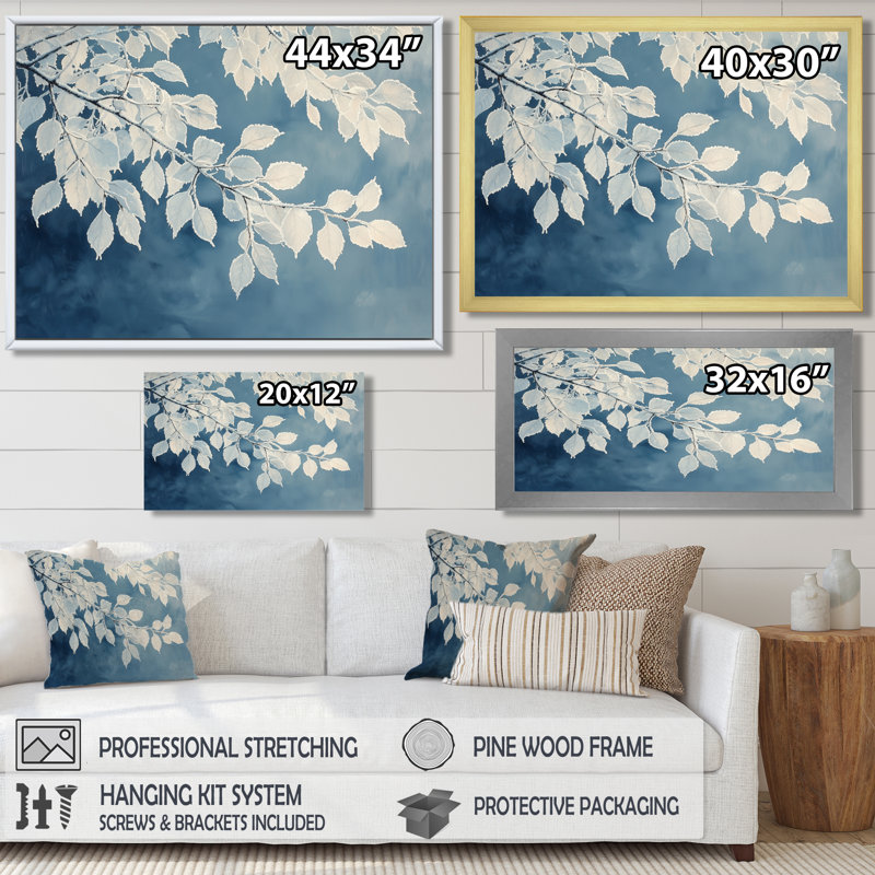 «White Frosted Leaves Branches III», art mural sur toile, Argent argent, H 30 po x l 40 po, Impression encadrée flottante