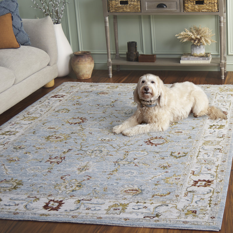Tapis oriental en polyester bleu / or Xanthi, Rectangle 5 pi 3 po x 7 pi 6 po