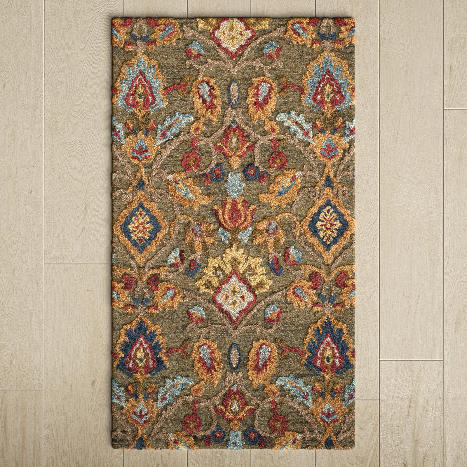 Tansy Handmade Wool Green / Multi Rug, Rectangle 2'3" x 4'