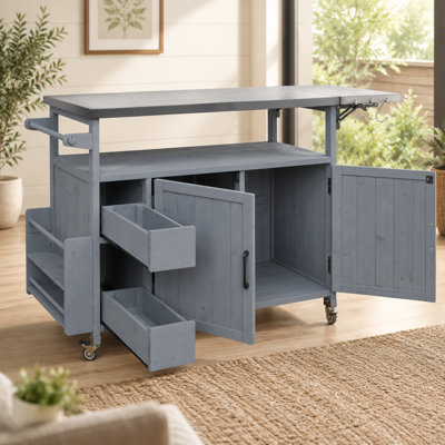 Chariot de cuisine d'extérieur roulant de style campagnard, chariot en bois massif de 139,5 cm (54,87 po) avec plateau en acier inoxydable et étagère à épices