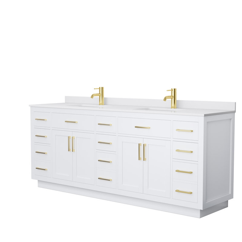 Beckett TK 84'' W Double Vanity, White Cultured Marble, Brushed Gold, White