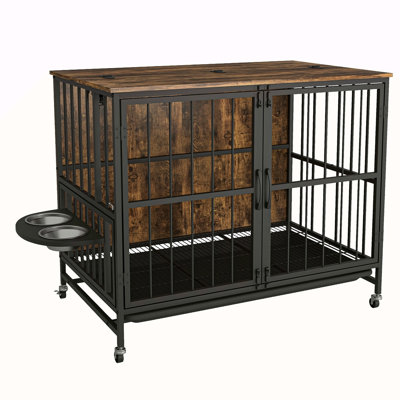 Niche pour chien moderne jusqu'à 60 lb, cage pour chien avec plateau polyvalent amovible, niche pour chien à double porte, panneau relevable, rotation à 360 degrés et bols à hauteur réglable (3)