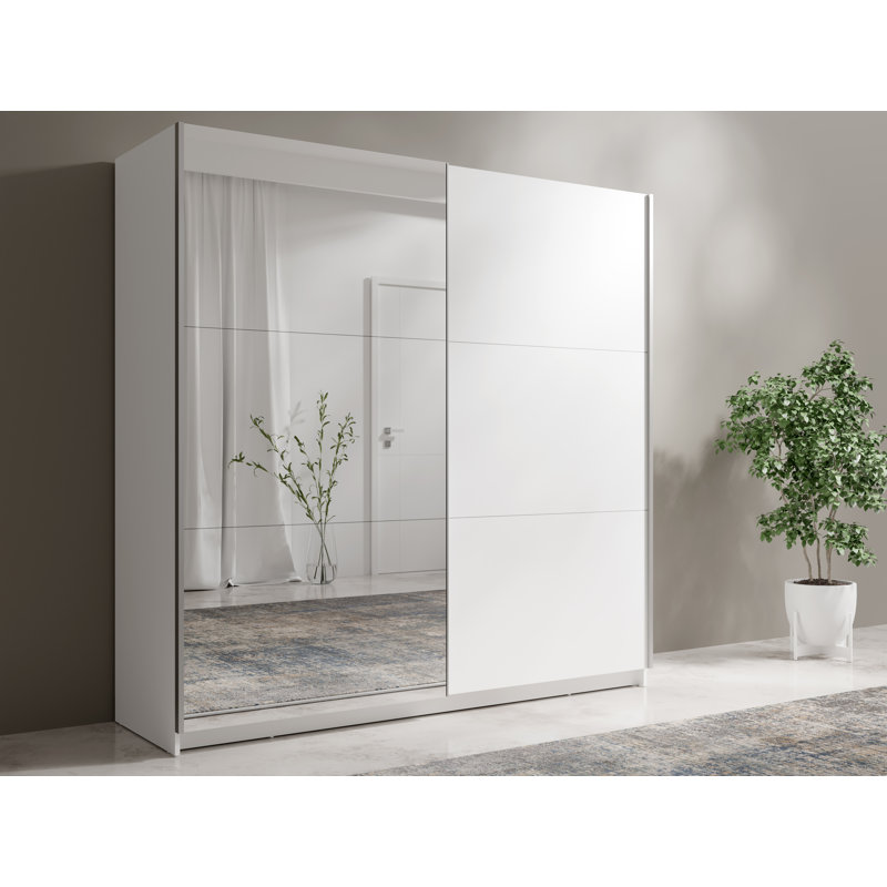 Blockus 2 Door Sliding Wardrobe with mirror, shelves and clothes rail, White