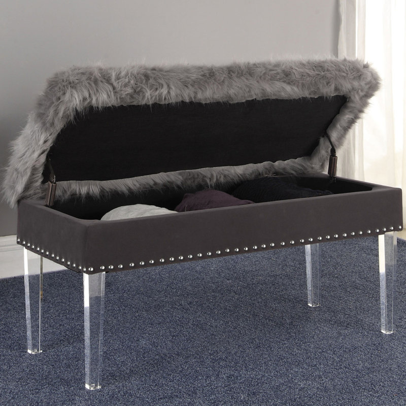 Banc de rangement Mid-Century capitonné avec fausse fourrure