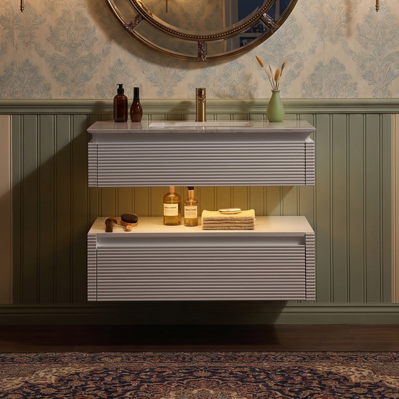 Meuble-lavabo suspendu de 91,4 cm (L) x 52,8 cm (P) avec comptoir en pierre, éclairage DEL intégré, design cannelé à deux niveaux, tiroirs à fermeture amortie, blanc