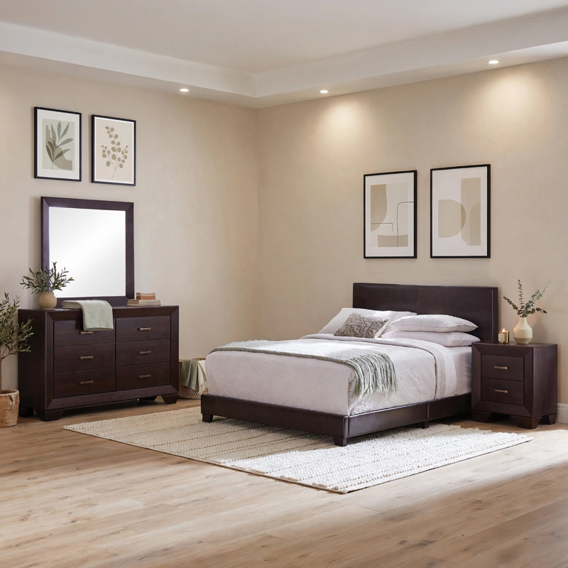 Ensemble de chambre à coucher grand lit 4 pièces Desy, similicuir brun cacao foncé, Grand lit