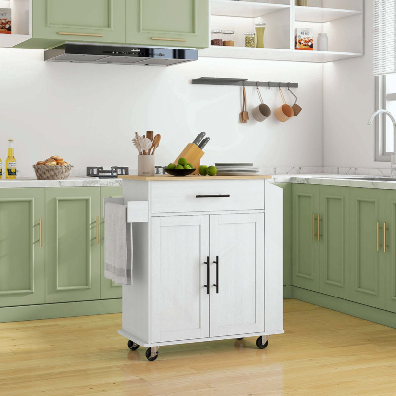 Chariot de cuisine avec plateau en bois manufacturé Sicilee, Blanc