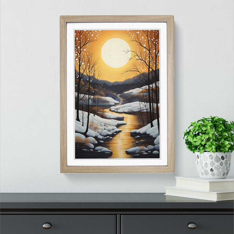 Winter Landscape Contemporary - Single Picture Frame Print on Wood, 34cm H x 25cm W x 2cm D, Oak