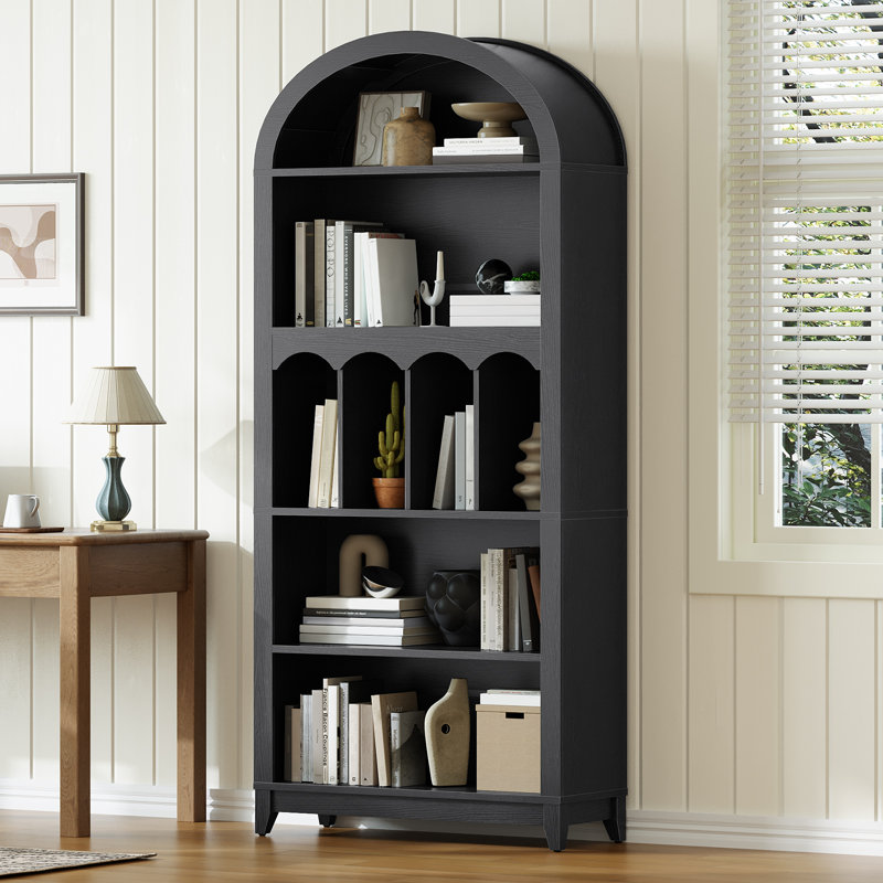 Bibliothèque 70 po à 5 niveaux avec bibliothèque et arche, Noir, noir, noir, noir