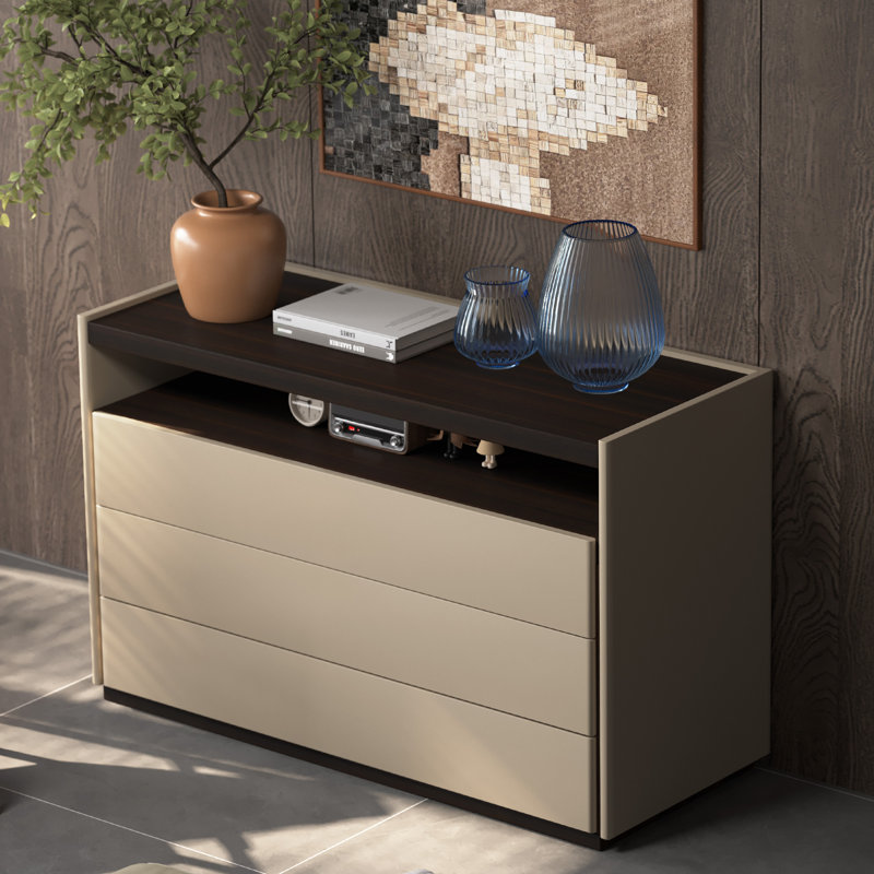 47.24 In. Modern medieval, 3-drawer bedroom vanity, wooden dresser with open shelves, living room storage vanity, wardrobe, entrance hallway, rustic dark wood grain finish - beige