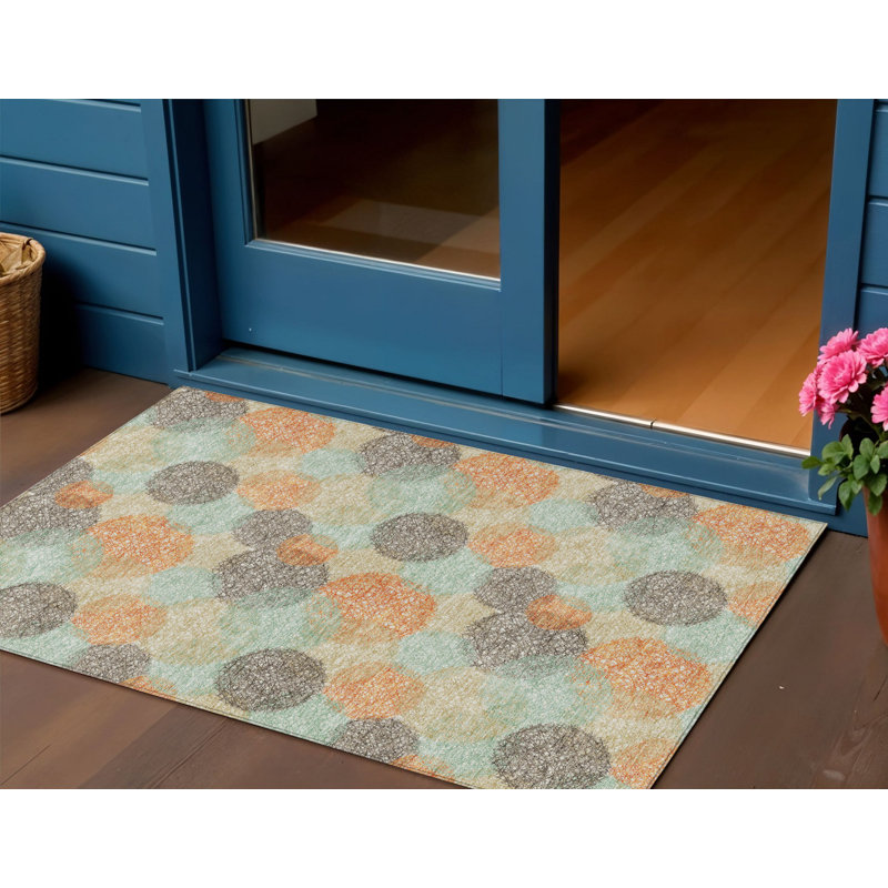 3' X 5' Beige Aqua And Orange Polka Dot Washable Indoor Outdoor Area Rug