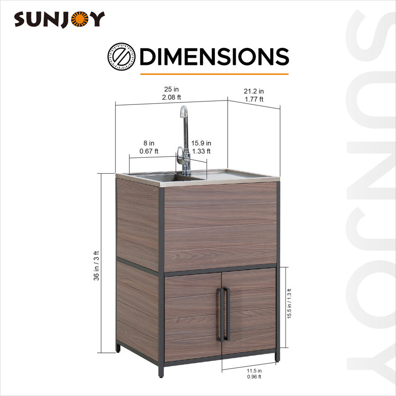 Sunjoy Stainless Steel 25 in.W x 21 in.D x 36.02 in.H Freestanding Outdoor Kitchen Sink with Cabinet for Outdoor Grill Cart