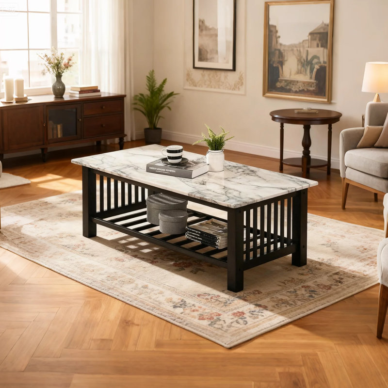 Table basse moderne en faux marbre avec tablette inférieure, console longue de 47 pouces pour le salon