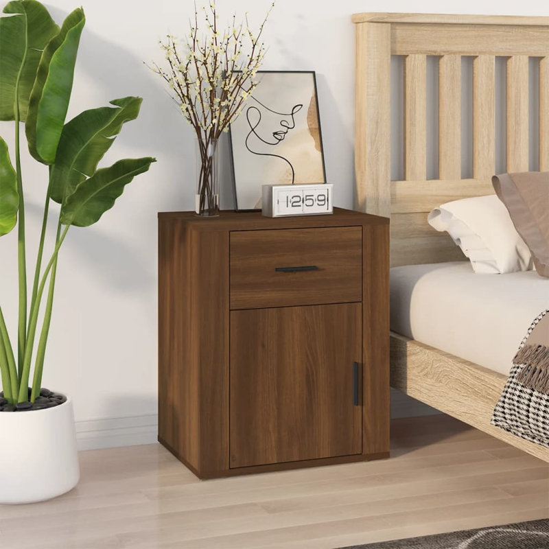 Karinn 50cm W Manufactured Wood Bedside Table, Brown Oak