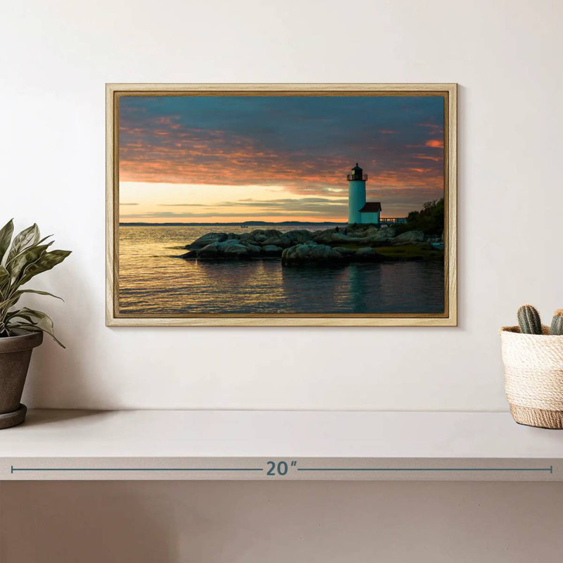Coucher de soleil sur le phare d'Annisquam, Cadre flottant en bois naturel, 13 po x 9 po