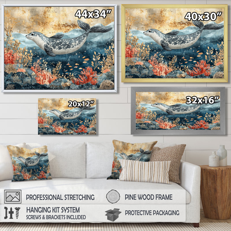 Aquarium avec sceaux au-dessus du corail I - art mural grand phoque, H 24 po x l 32 po, Reproduction avec cadre flottant