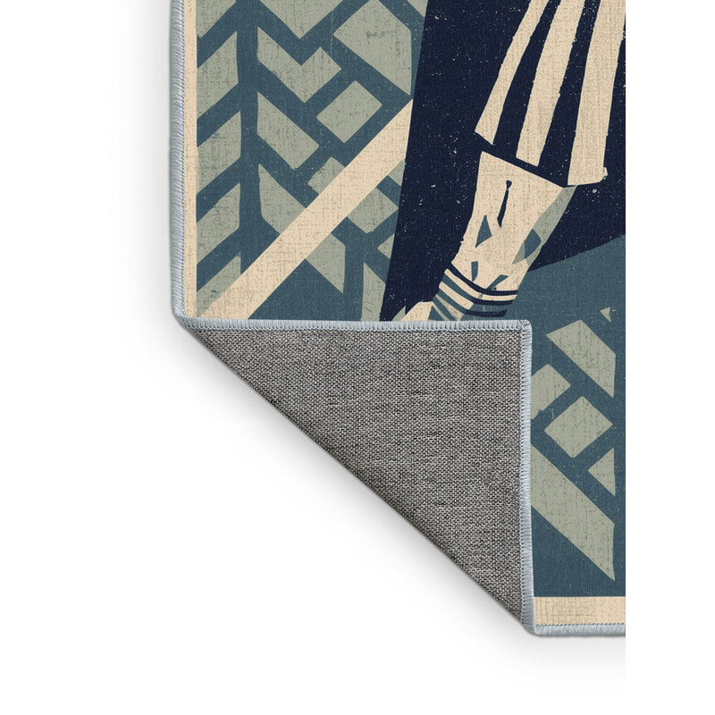 Tapis gris lavable à la machine à imprimé bloc Tribal Spearman de Coalmont - reliure bleu ciel, 7 x 9