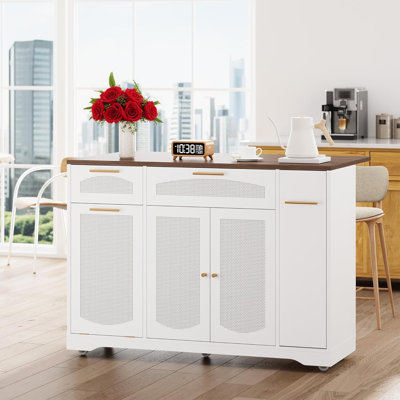 Rattan Rolling Kitchen Island Table on Wheels with Drop Leaf, Tilt Out Trash Can Cabinet with 2 Door, Storage Cabinet, 2 Drawer, Spice Rack, Kitchen C by Ebern Designs