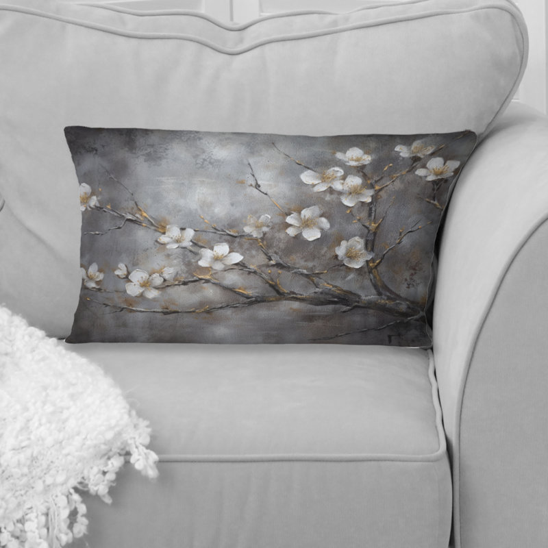 Coussin décoratif à imprimé floral blanc et gris Cherry Blossom II