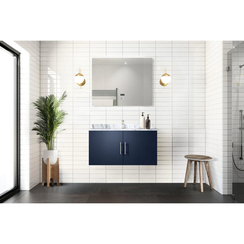 36 po L x P 22 po. Meuble-lavabo bleu, comptoir en marbre, robinet, miroir à DEL - contre les taches et les dommages aux meubles de salle de bain
