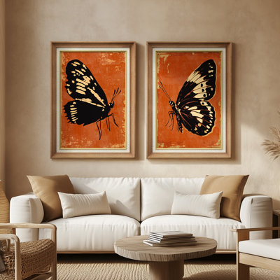 «Vintage Orange Butterfly Silhouette Art», ensemble de 2 reproductions d'art encadrées de qualité supérieure sur papier 26 po x 36 po