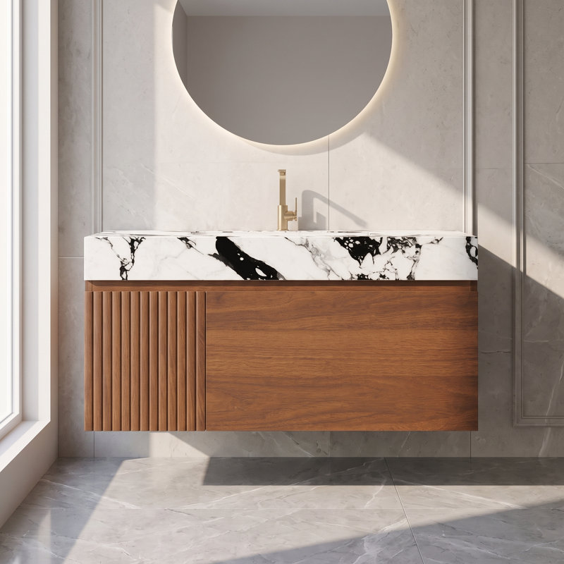Meuble-lavabo mural simple en noyer de 91 cm (36 po) avec lavabo en céramique, plateau veiné et tiroir, White/Black