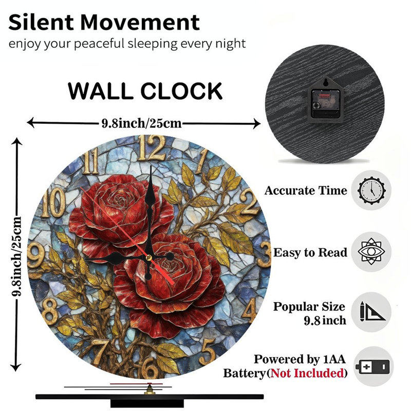 Red Roses Golden Leaves Mosaic Clock