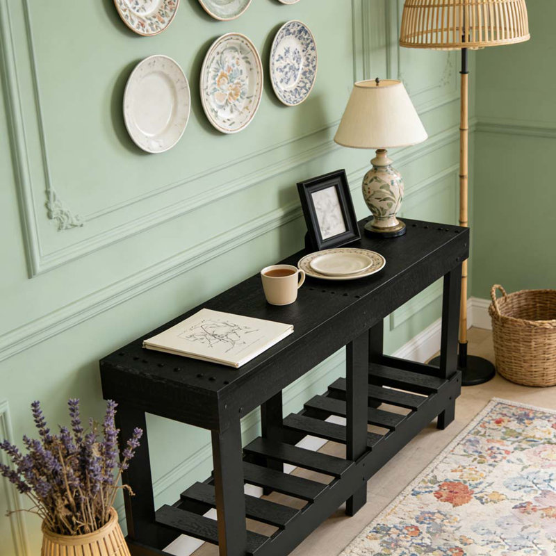 Vintage Entryway Table Fir Solid Wood Reinforced Legs Thick Desktop Console Table, Black