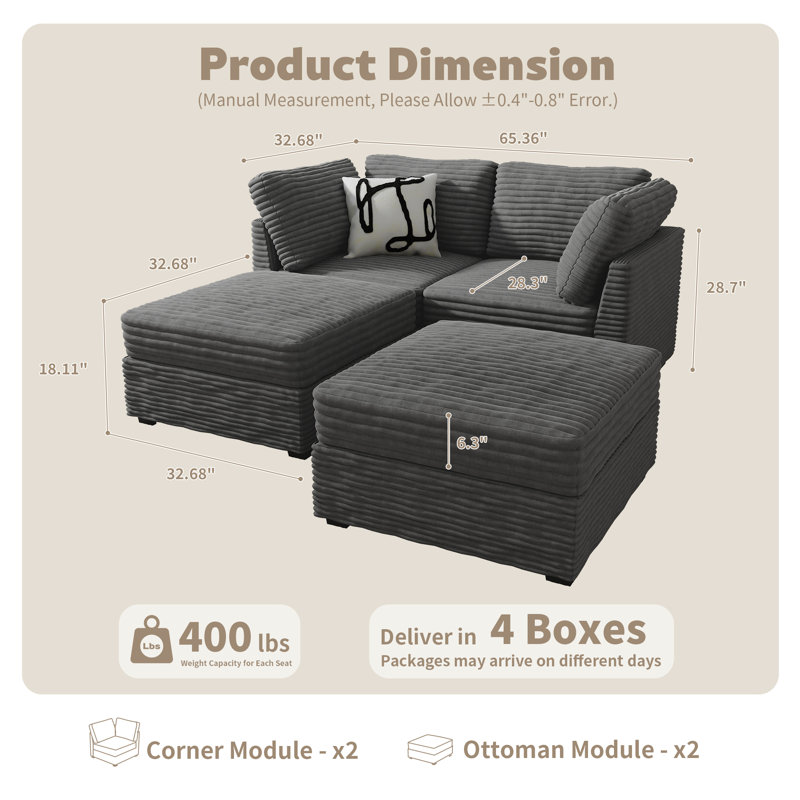 Modular Sleeper Sofa Bed, Plush Corduroy 65.36'' Loveseat With 2 Movable Ottomans, Comfy Cloud Couch Set For Living Room, 2-Seater Modular Sofa For Modern Homes