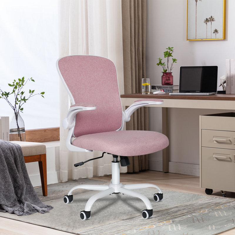 Swivel Office Chair With Lumbar Support, Adjustable Fabric Computer Chair With Flip-Up Armrest, Pink