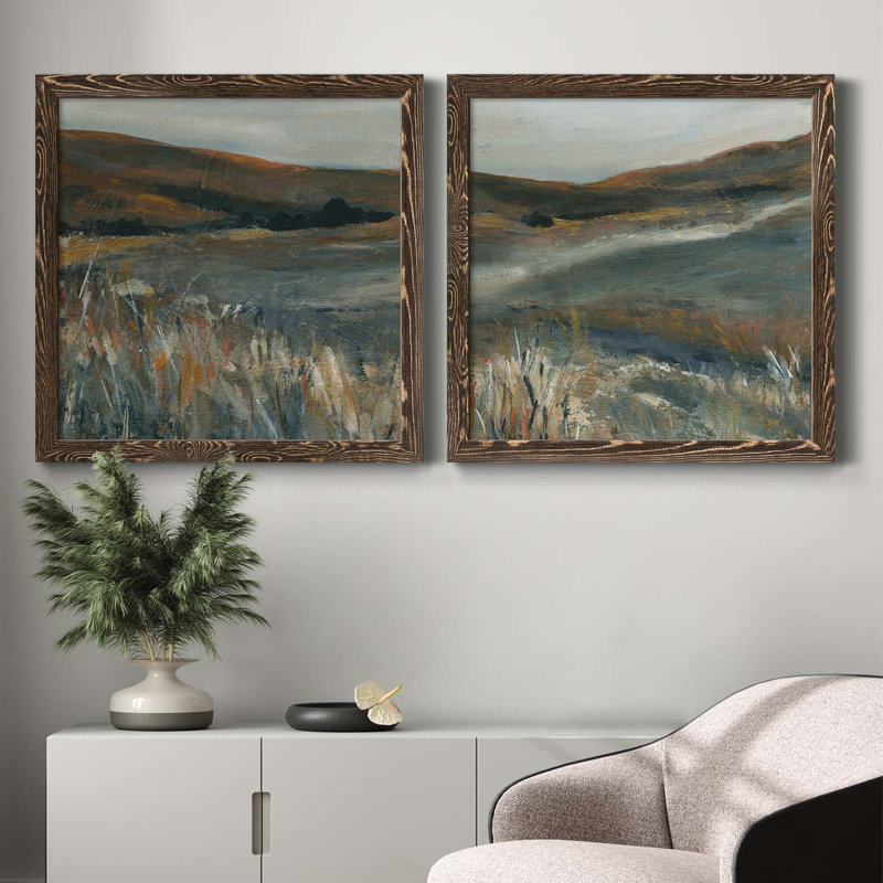 «Copper Dusk I», ensemble de 2 peintures sur toile encadrées, Encadré de bois de noyer, H 31,5 po x l 63 po x P 1,5 po
