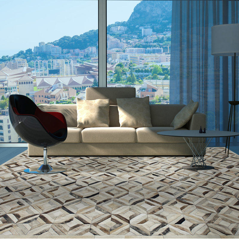 Pandora Cowhide Geometric Area Rug, Rectangle 6' x 9'