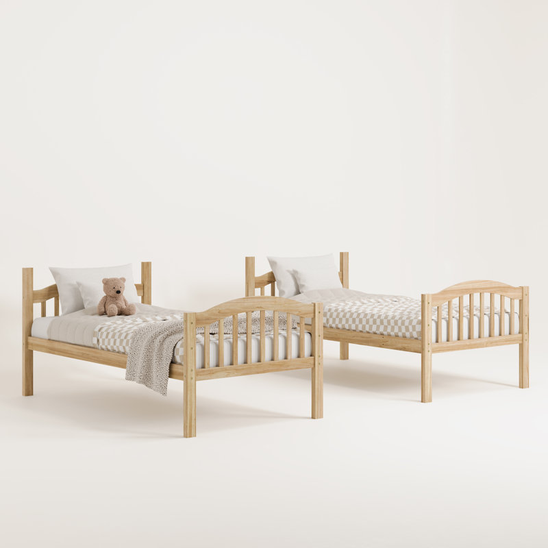 Natural Twin Over Twin Wood Bunk Bed with Ladder and Guardrails