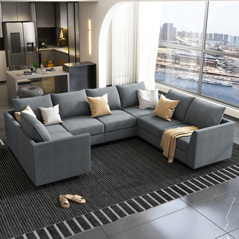 U-Shaped Corner Modular Upholstered Sectional Sofa with Storage Seat, Bluish Gray Polyester