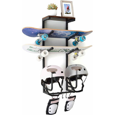 Skateboard Wall Mount Rack,Wooden Helmet Stands & Accessories Hooks,Black