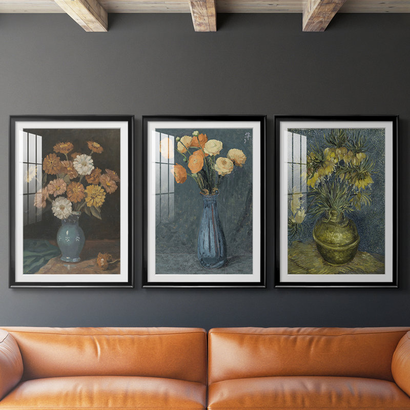 Imprimé floral rétro CCLI - impression encadrée sur mesure de qualité supérieure - 3 pièces, Noir, H 19 po x l 27 po