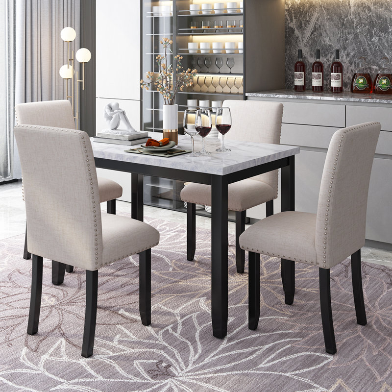 Table de salle à manger 5 pièces en faux marbre avec 4 coussins épais