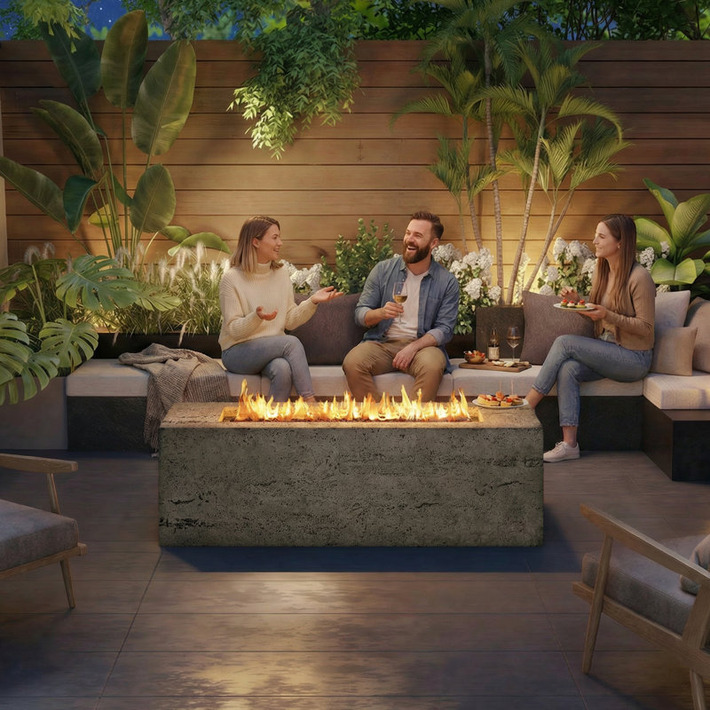 Abdel Outdoor Rectangular Propane Fire Pit with Waterproof Cover for Courtyard,Lawn,Patios, Gray
