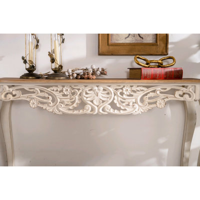 Console vieillie avec sculptures florales et bordure festonnée, idéale pour les entrées, facile à assembler, sculptures en bois massif de 44,17 po de profondeur, rehaussant le décor du couloir, durable