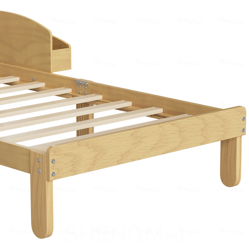 Structure de lit simple avec tête de lit tapissier en bois, tête de lit courbée et rembourrée avec pieds arqués et tablettes de rangement latérales, lit plateforme moderne pour la chambre à coucher, aucun sommier nécessaire