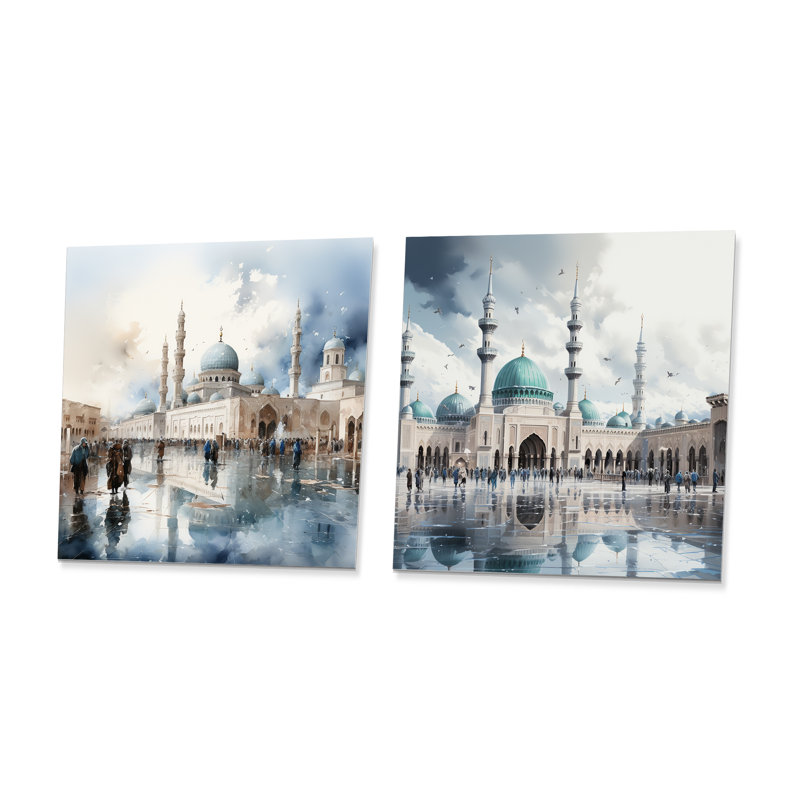 Ensemble de 2 mosquées blanches et bleues,, H 16 po x l 32 po