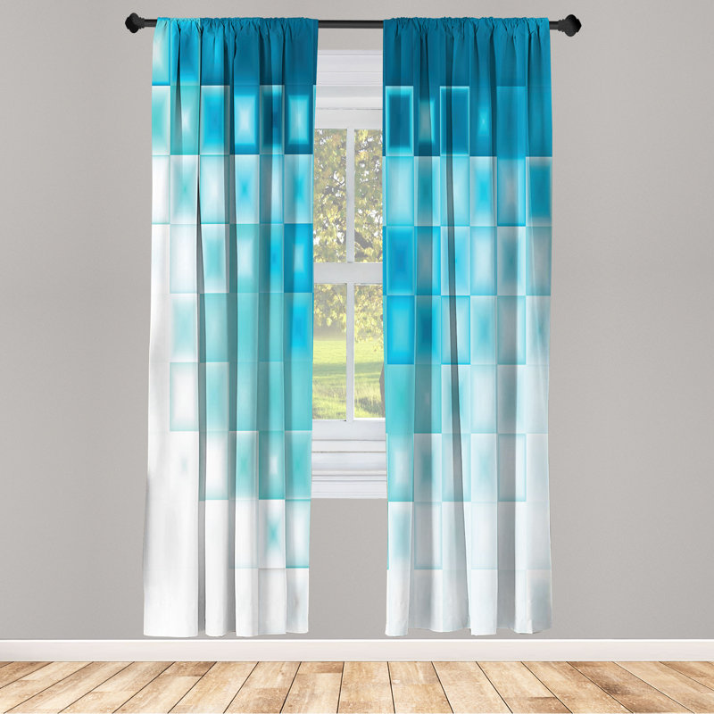 Rideaux abstraits Wrought Studio ™, formes carrées fractales, paire de 28 po, bleu ciel turquoise, L 28 po x L 63 po
