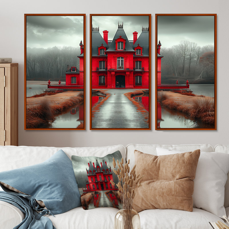 Ensemble de salon monochromes rouge et gris d'automne en Allemagne III - Châteaux, Cadre flottant brun, H 28 po x l 36 po