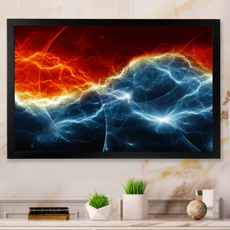 Fire and Ice Fractal Lightning - reproduction d'art sur toile encadrée, H 8 po x l 12 po x P 1 po, Cadre photo noir
