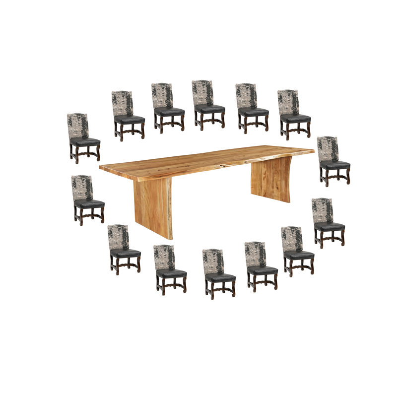 15-Piece Live Edge Solid Wood Dining Set, Natural, Gray/Black